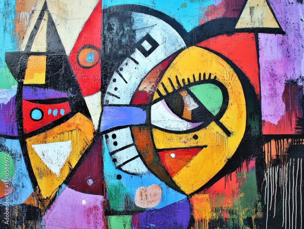 Fototapeta premium Abstract geometric art with clocks and symbols in vibrant orange, red, blue, and purple
