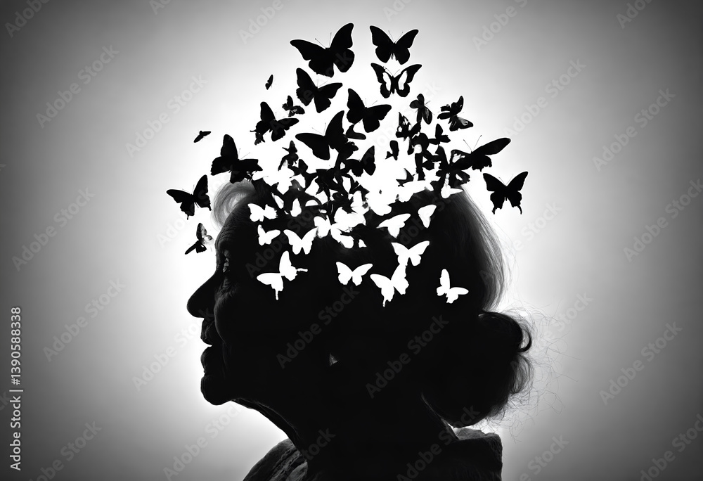 Silhouette of senior woman with butterlies around head