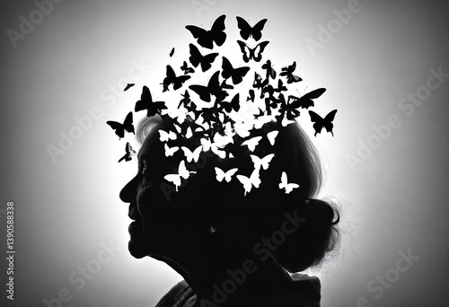 Obraz na płótnie Silhouette of senior woman with butterlies around head w salonie