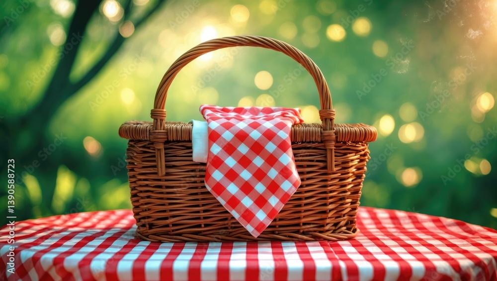 Woven picnic basket featuring a red checkered napkin atop a table in a natural setting, banner layout. Space available for text. Woven picnic basket featuring a red checkered napkin atop a table in a natural setting, banner layout. Space available for text.