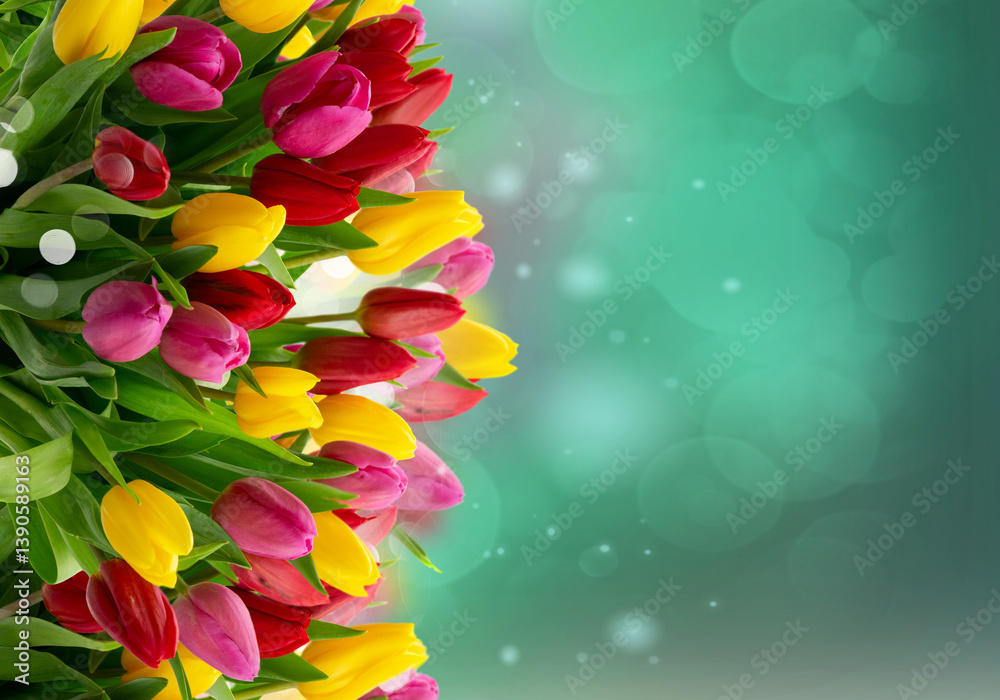 Red, violet and yellow fresh tulip flowers bouquet over green defocused background, spring festive background with fresh flowers