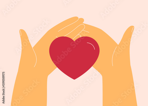 Human Hands hold big red heart. Concept of love, charity and donation blood and organ. Vector illustration