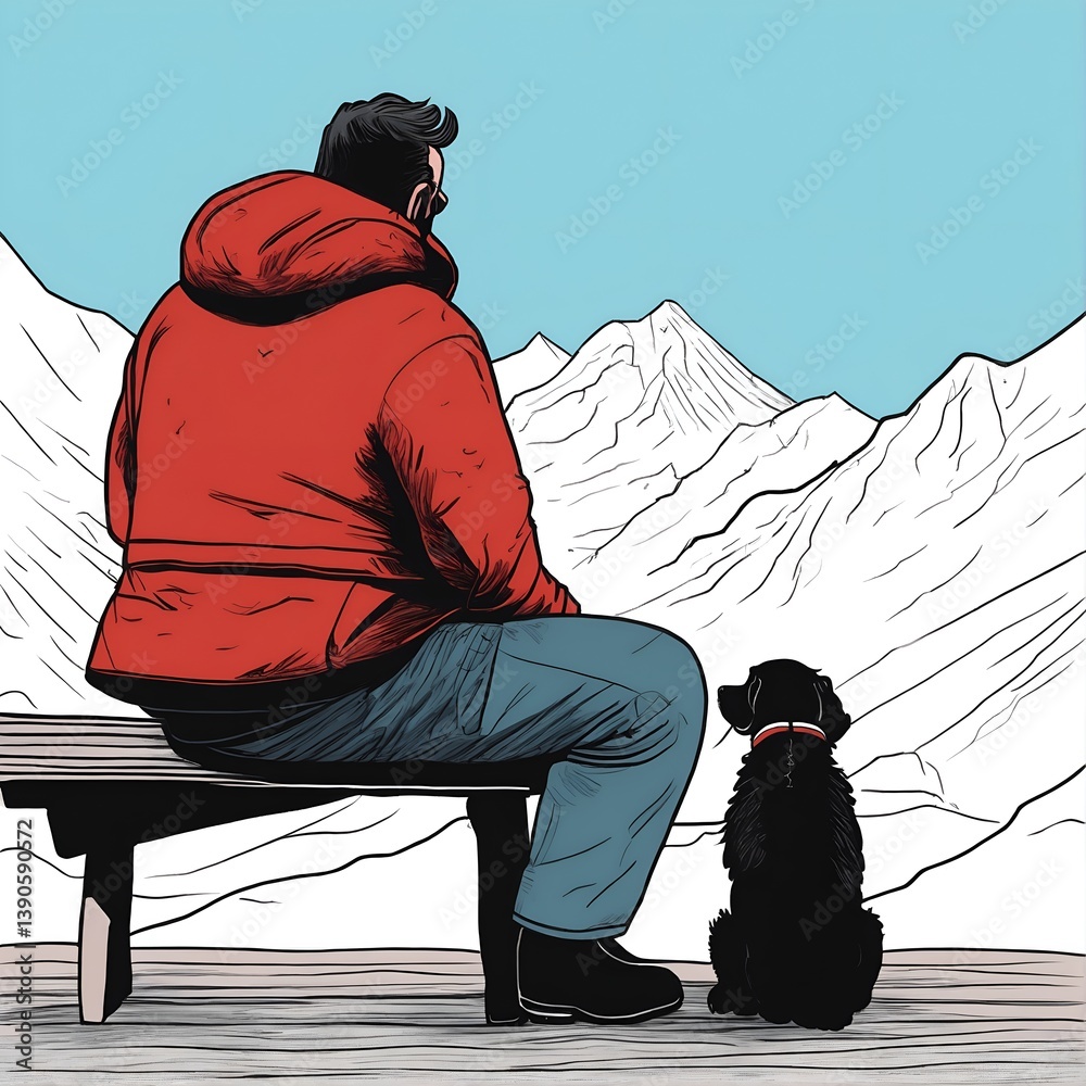 Rear view of man and his dog looking at lake sea water. Generative AI