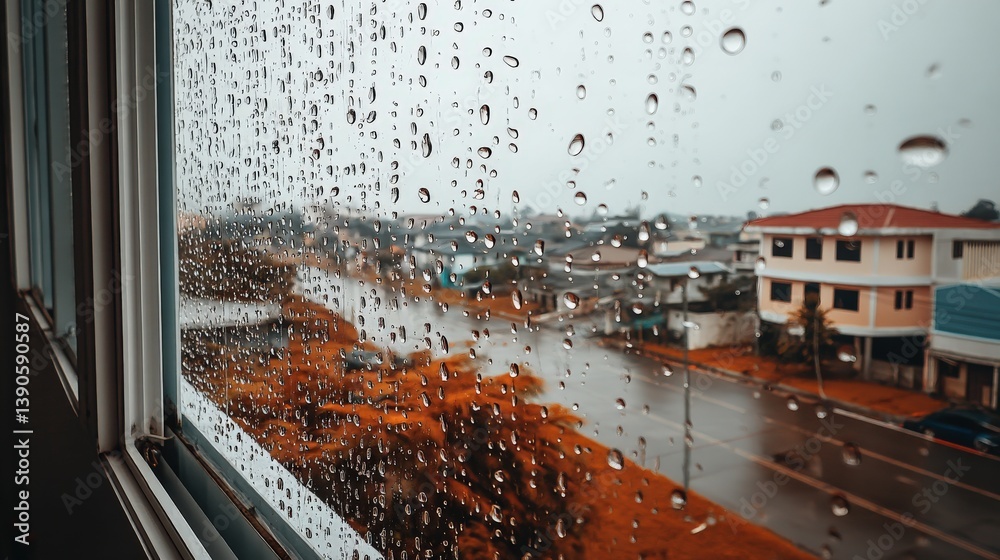 Obraz premium Raindrops on Window Overlooking Neighborhood on Rainy Day