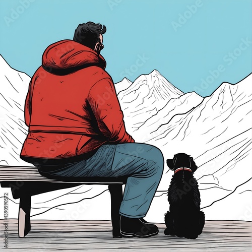 Obraz na płótnie Rear view of man and his dog looking at lake sea water. Generative AI w salonie