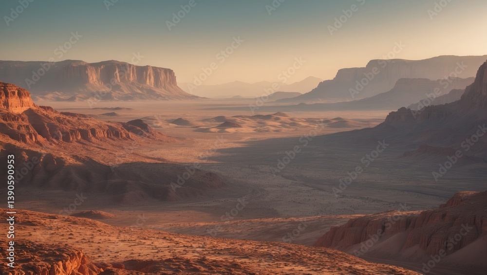 Naklejka premium Vast view of a stone desert at dawn in the glow of gentle sunlight, mountainous hills landscape. Travel to wildlife, extreme adventures, exploration of wilderness.
