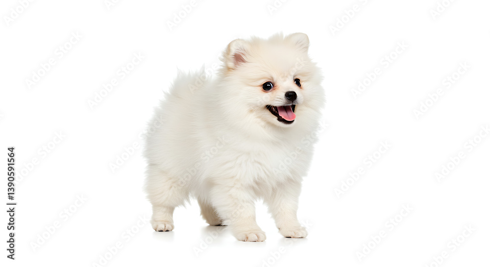 Obraz premium Adorable white Pomeranian puppy standing isolated on a clean backdrop