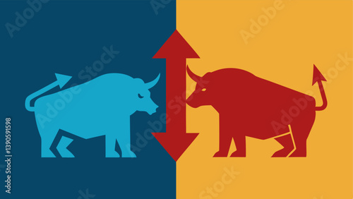 Bull and Bear Iconography A split illustration featuring a bullish bull on one side with an upward arrow and a bearish bear on the other side with a downward arrow symbolizing
