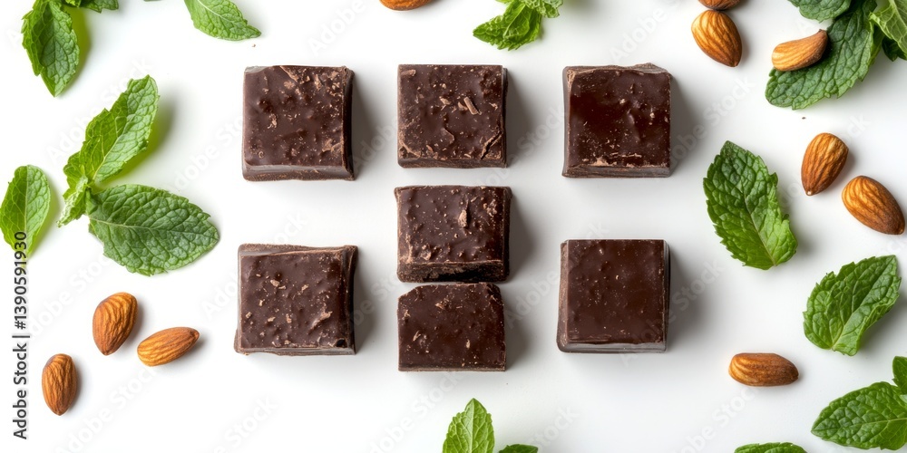 Freshly made chocolate pieces arranged with green mint leaves and almonds. This vibrant display is perfect for a dessert promotion or healthy treat ideas. Enjoy the delicious flavors. AI
