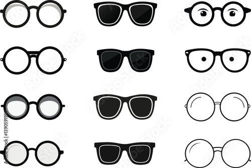 A variety of eyeglasses and sunglasses styles, Eyeglasses and sunglasses Silhouette Set Vector 