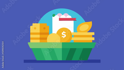 Basket of Money A woven basket filled with bundles of cash with labels of various goods like bread eggs and milk displaying inflated prices highlighting how money loses value.