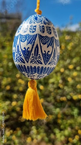 A stunning Ukrainian pysanka decorated with detailed blue patterns and a bright yellow tassel, illustrating traditional Easter celebrations.