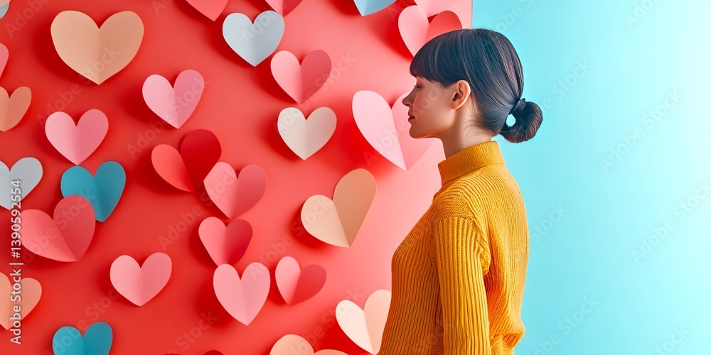 A woman in a bright yellow sweater looks at a colorful heart wall. The background features vibrant pink and blue hues. This image is perfect for concepts of love and creativity. AI