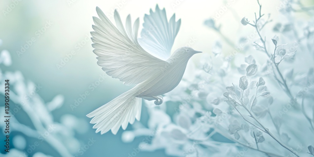 A soft white bird spreads its wings gracefully against a dreamy backdrop. The colors blend smoothly, creating a peaceful and serene atmosphere. Perfect for nature and tranquility themes. AI