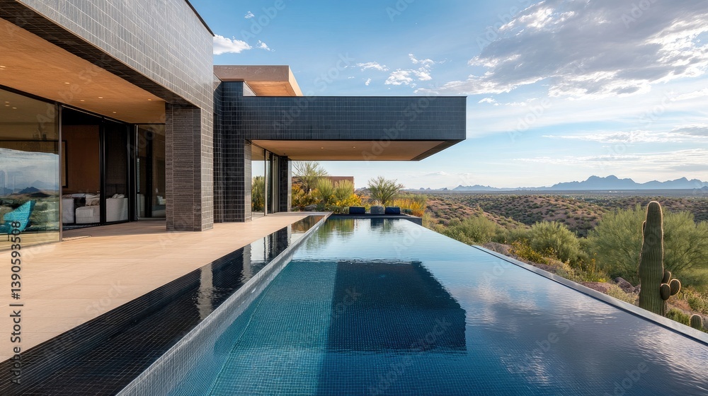 Fototapeta premium Modern Desert Villa with Infinity Pool Overlooking Scenic Mountains and Cloudy Sky in a Serene Landscape
