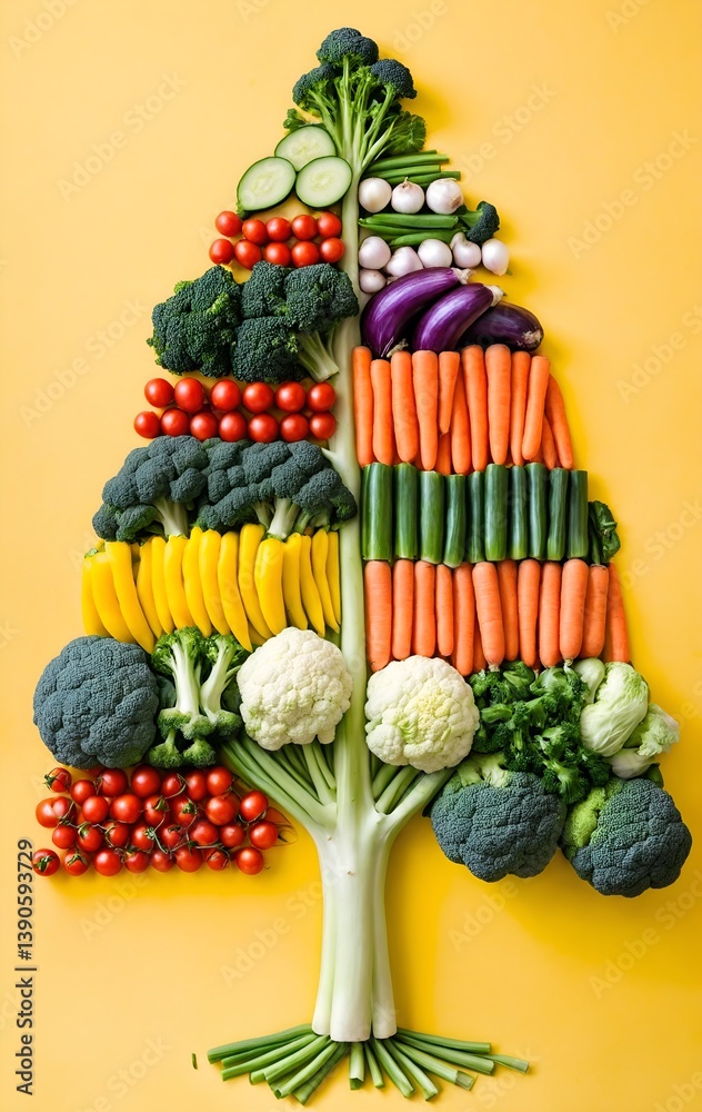 Assorted of vegetables in shape of tree. Flat lay