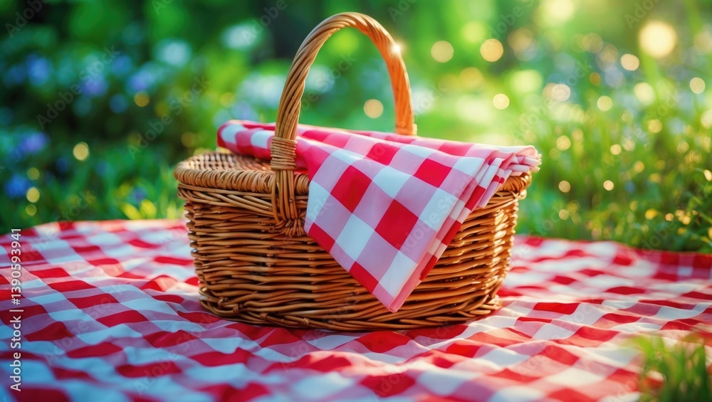 Wicker picnic basket paired with a red checkered napkin on a table in nature, designed for a banner. Space available for text. Wicker picnic basket paired with a red checkered napkin on a table in nature, designed for a banner. Space available for text.