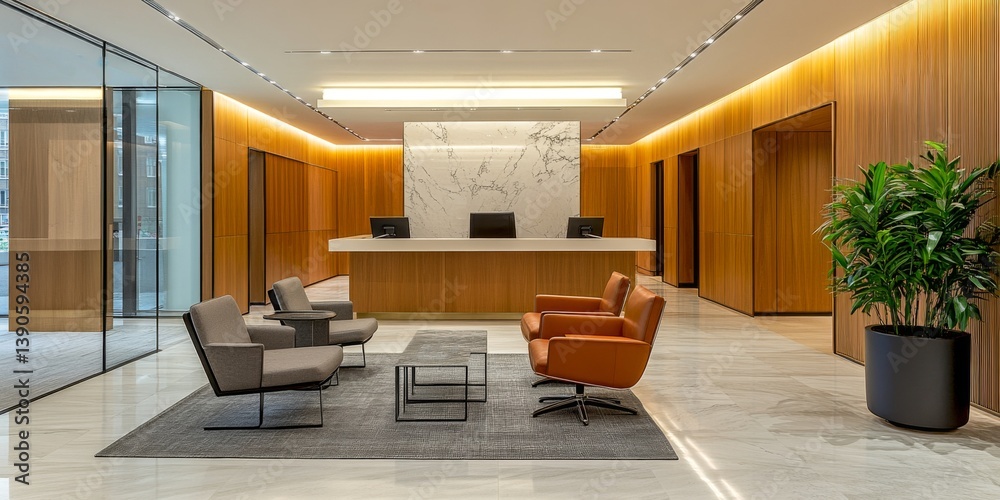 A spacious and welcoming office lobby featuring modern design elements. Comfortable seating and warm lighting create an inviting atmosphere for visitors.