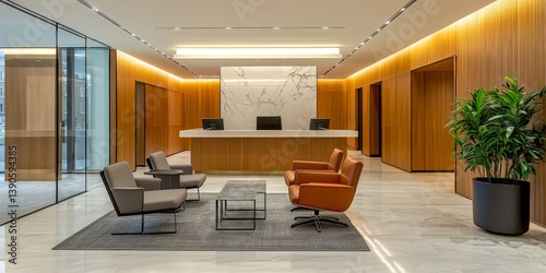Obraz na płótnie A spacious and welcoming office lobby featuring modern design elements. Comfortable seating and warm lighting create an inviting atmosphere for visitors. w salonie