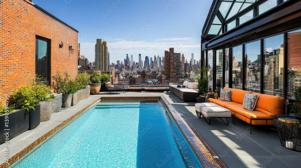 Obraz premium Stunning Rooftop Pool with City Skyline View and Modern Lounge Area in Urban Environment