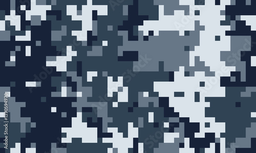 Abstract pixelated camouflage pattern in shades of blue and white.  Perfect for digital backgrounds, textiles, or militarythemed designs.