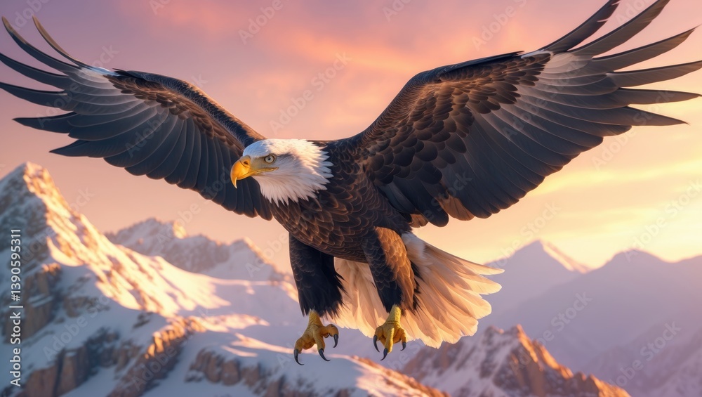 Obraz premium Bald eagle flying over snowy mountain range