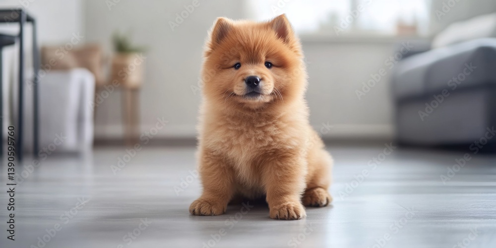 A cute and fluffy puppy sits in a bright living room. This adorable dog showcases warmth and charm. Ideal for pet lovers and home decor themes. Perfect for social media. AI