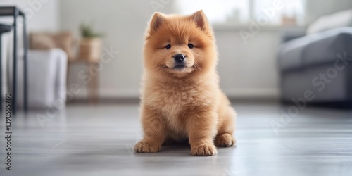 Obraz na płótnie A cute and fluffy puppy sits in a bright living room. This adorable dog showcases warmth and charm. Ideal for pet lovers and home decor themes. Perfect for social media. AI w salonie