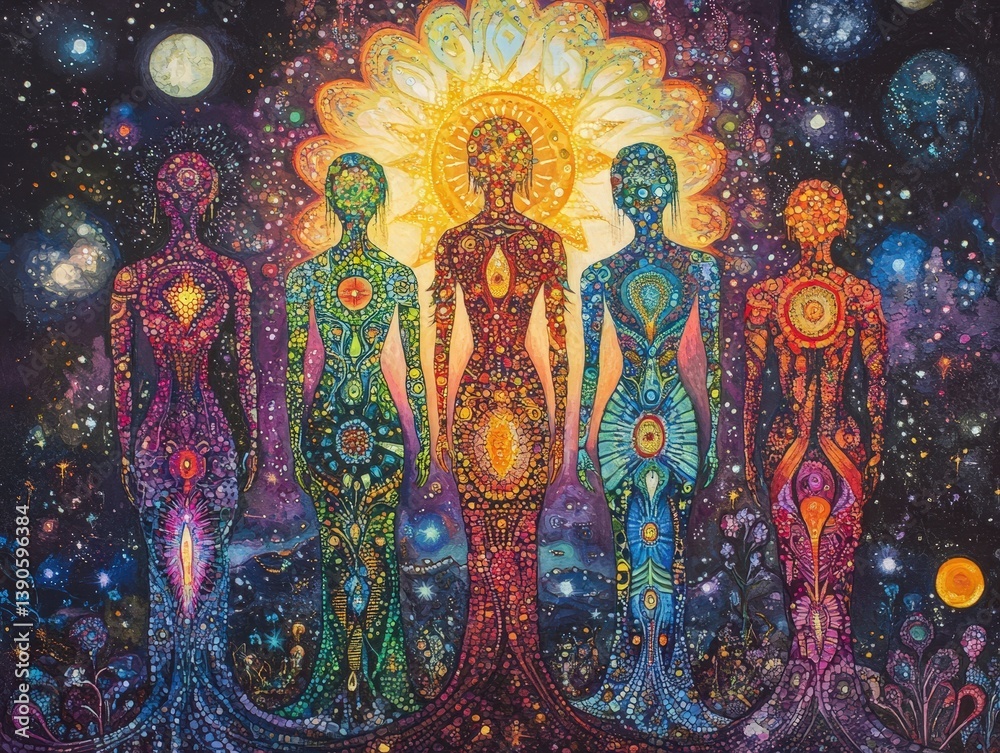 Fototapeta premium Stylized mosaic women in cosmic landscape with vibrant colors and starry backdrop
