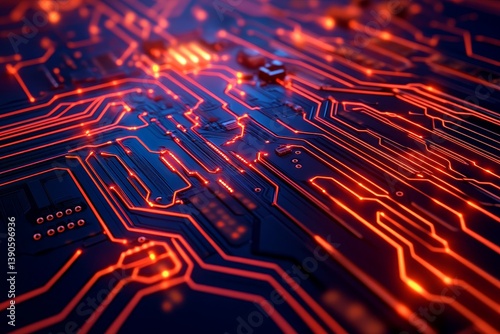 Glowing Circuit Board Technology - Close-up of a circuit board with bright orange glowing lines, showcasing intricate technological detail