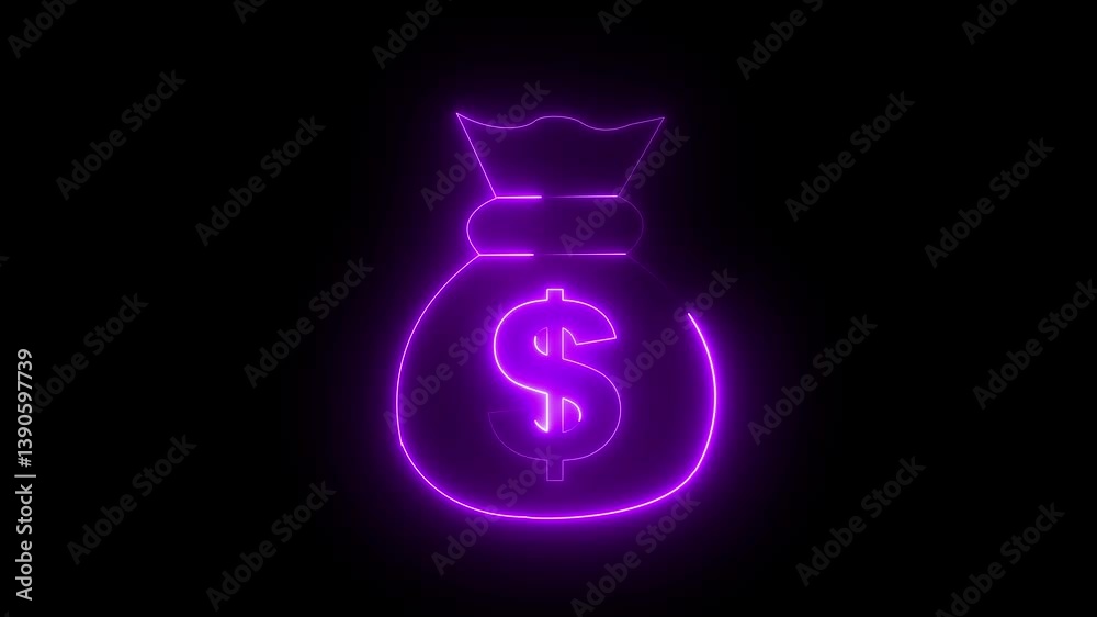  Abstract beautiful Purple neon capitalist dollar icon animation Glowing neon line money bag icon isolated on black background. Neon money bag with dollar sign. money bag and dollar icon.