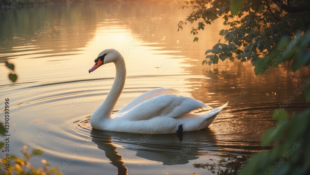 Fototapeta premium White Swan on the Lake. Mute Swan gracefully moving across the Lake during sunset. Breathtaking scene, stunning majestic Swan on the Lake illuminated by light, fairy tale, beauty.