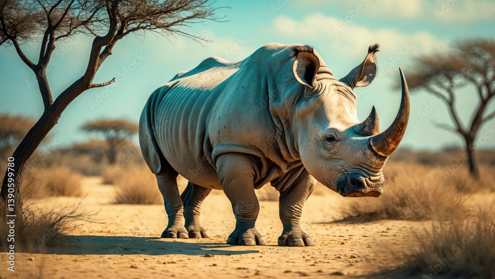 Fototapeta premium White rhinoceros or square-lipped rhinoceros (Ceratotherium simum) in a natural habitat.