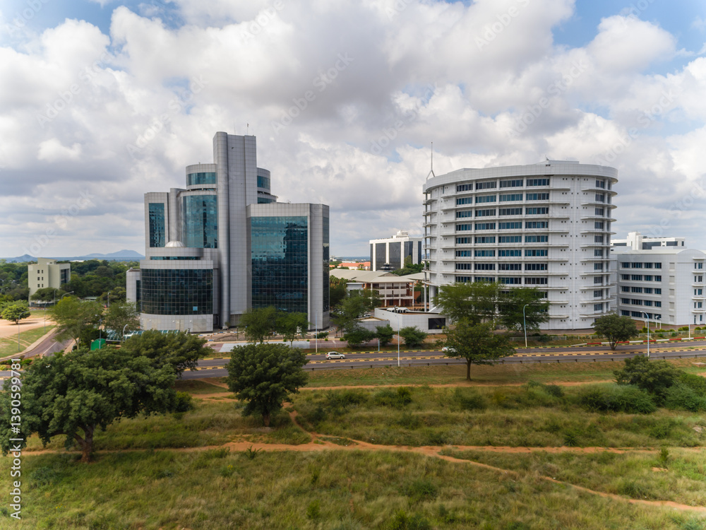 drone aerial view of Gaborone daytime, towers ,Gaborone is the capital city of Botswana the small southern African nation with an economy based on diamonds