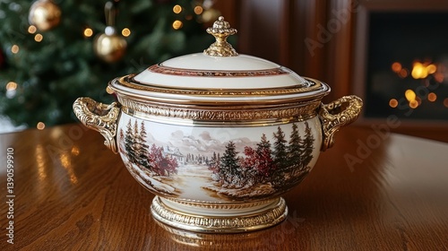 Ornate porcelain tureen with landscape design
