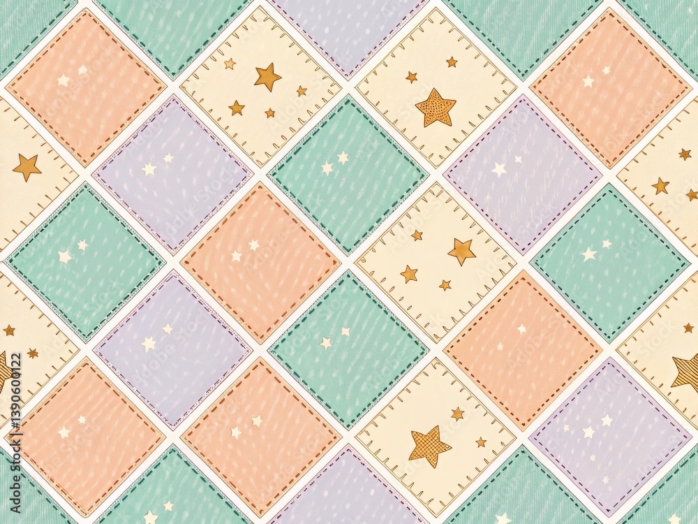 This charming seamless pattern features a patchwork design with pastel-colored, diamond-shaped squares. This charming seamless pattern features a patchwork design with pastel-colored, diamond-shaped squares.