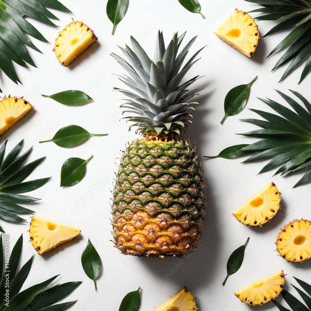 Pineapple fruits with crown on white. Food background. Top view