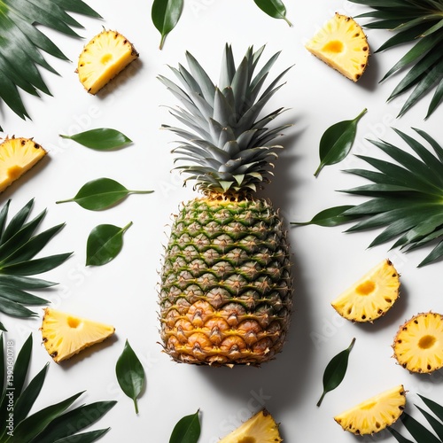 Obraz na płótnie Pineapple fruits with crown on white. Food background. Top view w salonie