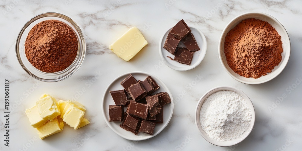 A beautiful arrangement of baking ingredients on a marble surface. Includes cocoa powder, chocolate, flour, and butter. Perfect for culinary inspiration and recipes. AI