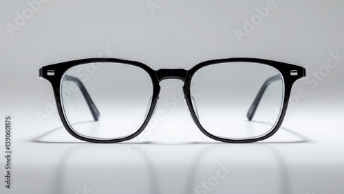 Businessmanâ€™s black framed eyeglasses, Myopia, Short sighted or presbyopia lenses, set on a white backdrop