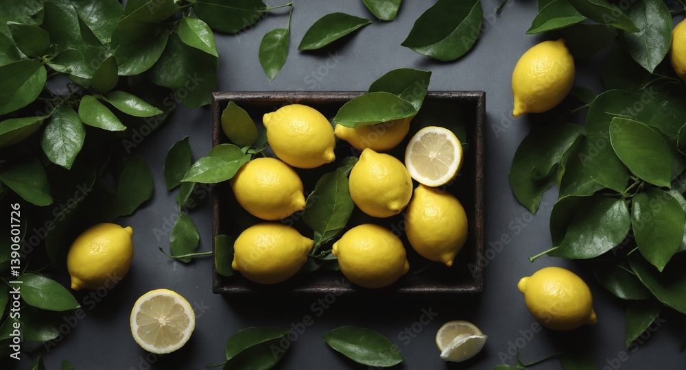 Fresh lemons with green leaves on dark. Food background. Top view