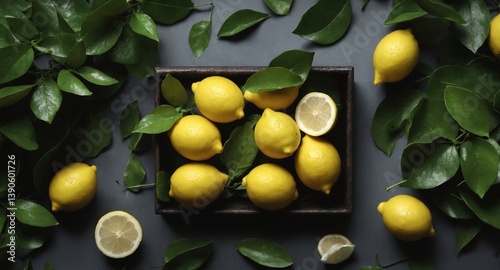 Obraz na płótnie Fresh lemons with green leaves on dark. Food background. Top view w salonie