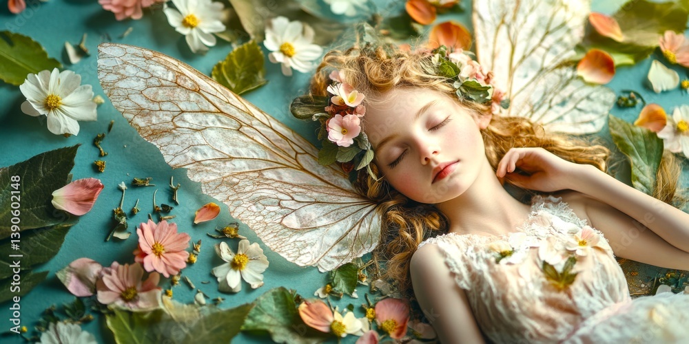 A fairy resting among vibrant flowers and lush leaves. The soft colors and delicate wings create a dreamy atmosphere. Perfect for fantasy-themed projects. AI