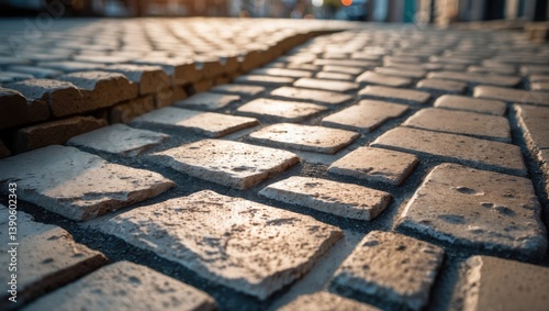 Block paving, paver brick floors, or paving stones. Constructed from concrete or stone for driveways, paths, patios, and roads. Empty floor depicted in a selective focus perspective view.