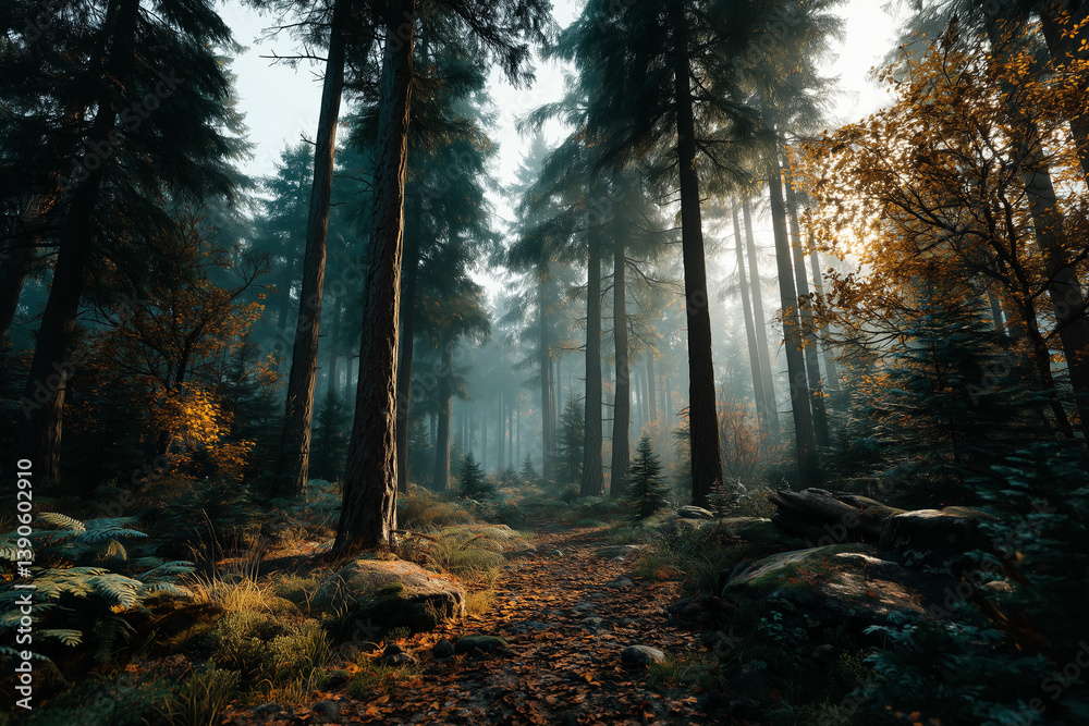 Obraz premium Mystical Forest Path with Sunlight Filtering Through Tall Trees