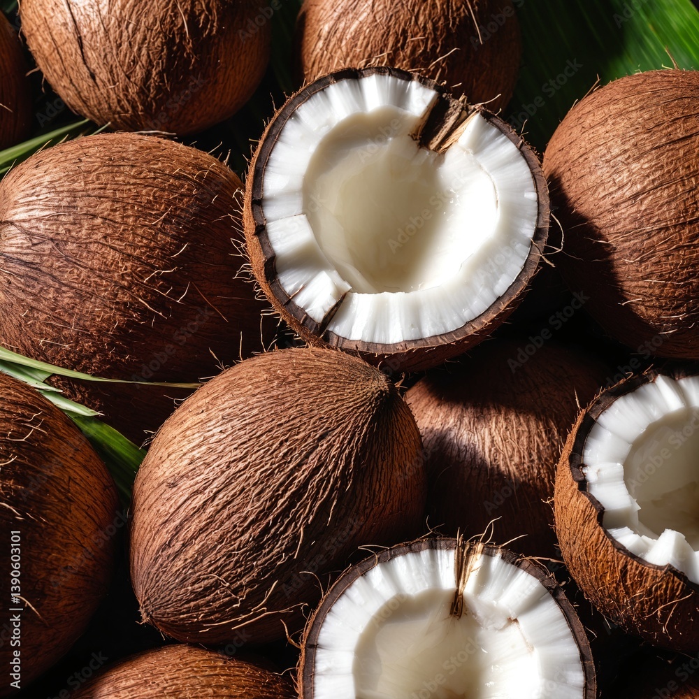 Fresh open coconut on nature