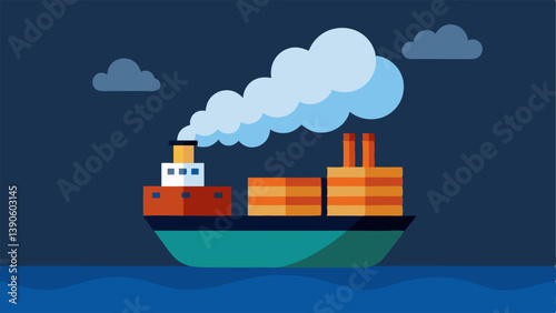 Cargo Ship at Sea A cargo ship depicted stranded in the ocean with a large cloud overhead representing uncertainty showcasing delays in shipping due to pandemic restrictions.