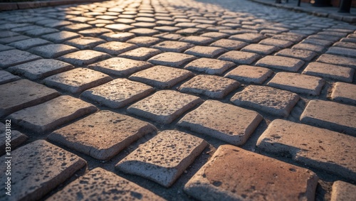 Paver brick flooring, paving stones or block paving. Made from concrete or stone for roads, paths, driveways, and patios. Unoccupied floor viewed from a perspective angle with selective focus.