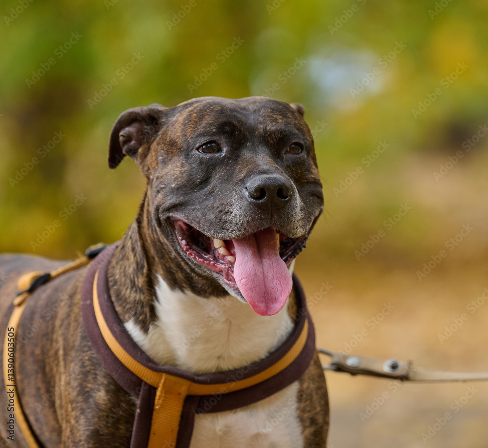 Dog American pit bull terrier stands in the autumn park and looks at the camera. Tongue sticking out of the mouth Dog American pit bull terrier stands in the autumn park and looks at the camera. Tongue sticking out of the mouth