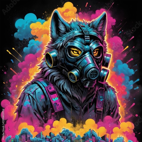 Masked Wolf in a Spray-Paint Storm T-shirt Design photo